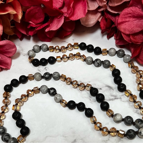 Natural Stone Necklace with Gold Dipped Gray Agate Geode Druzy Pendant & Tassel - Picture 6 of 16